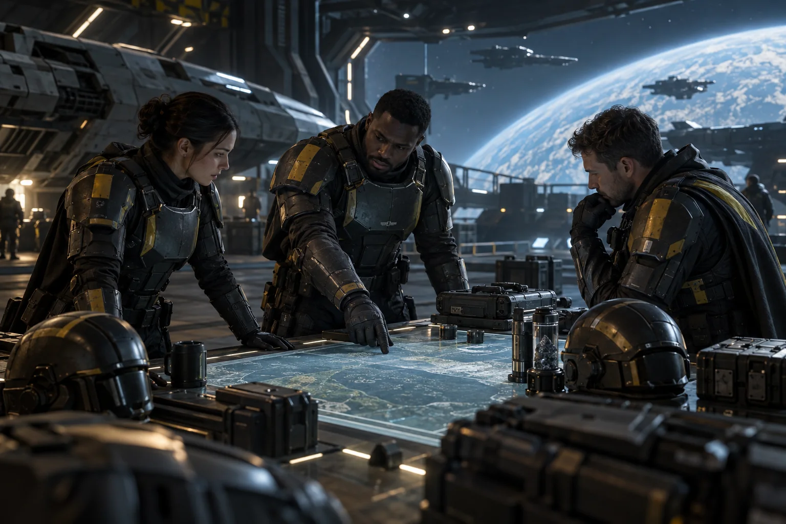 Armored squad planning a mission around a spacecraft briefing table.