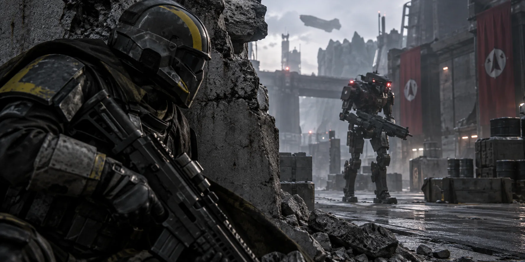 Armored soldier observing a mechanical adversary from urban cover.