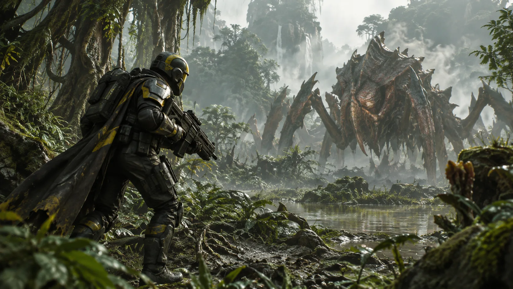 Armored explorer facing an insect-like alien in dense terrain.