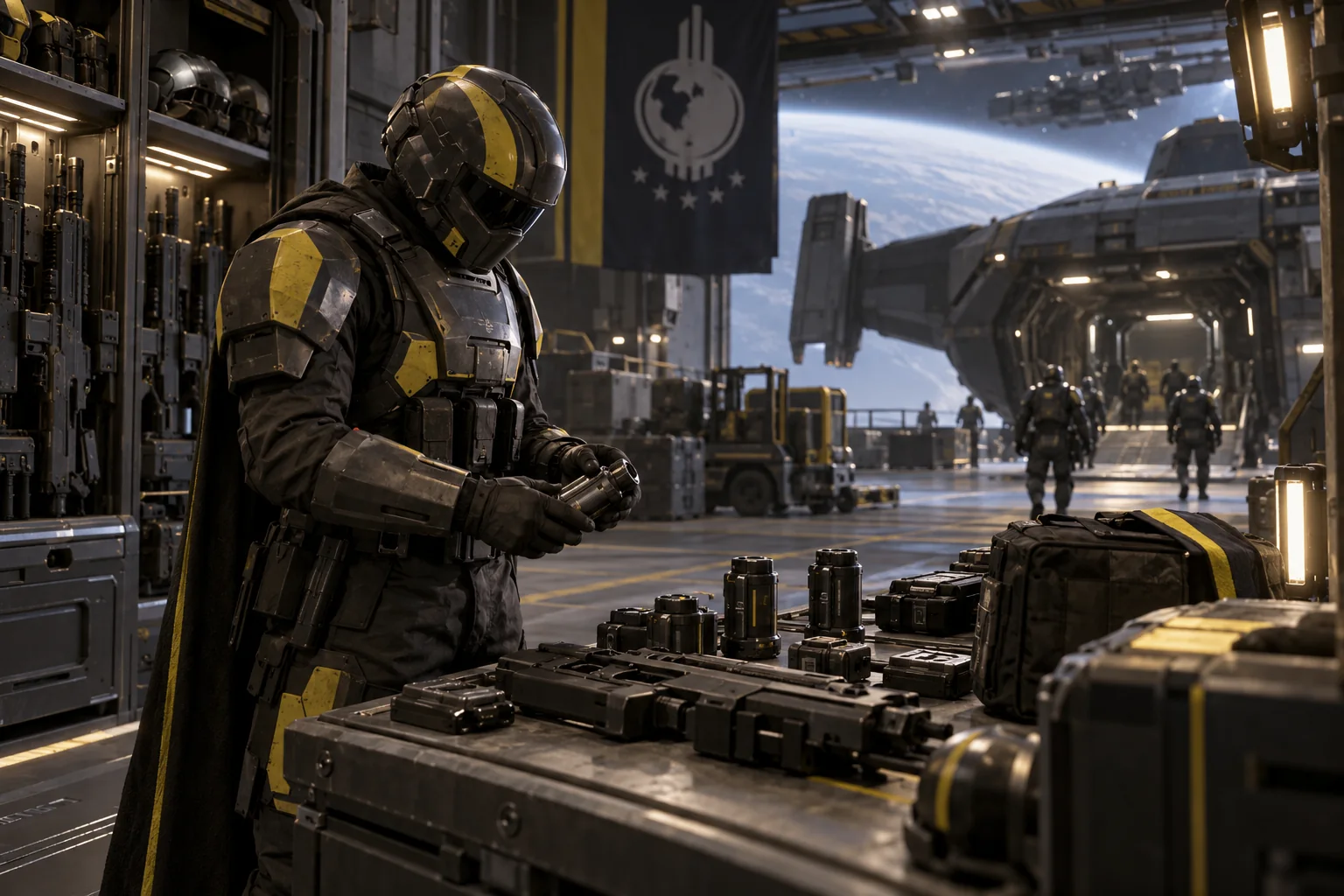 New recruit inspecting equipment in a futuristic spacecraft hangar before a mission.