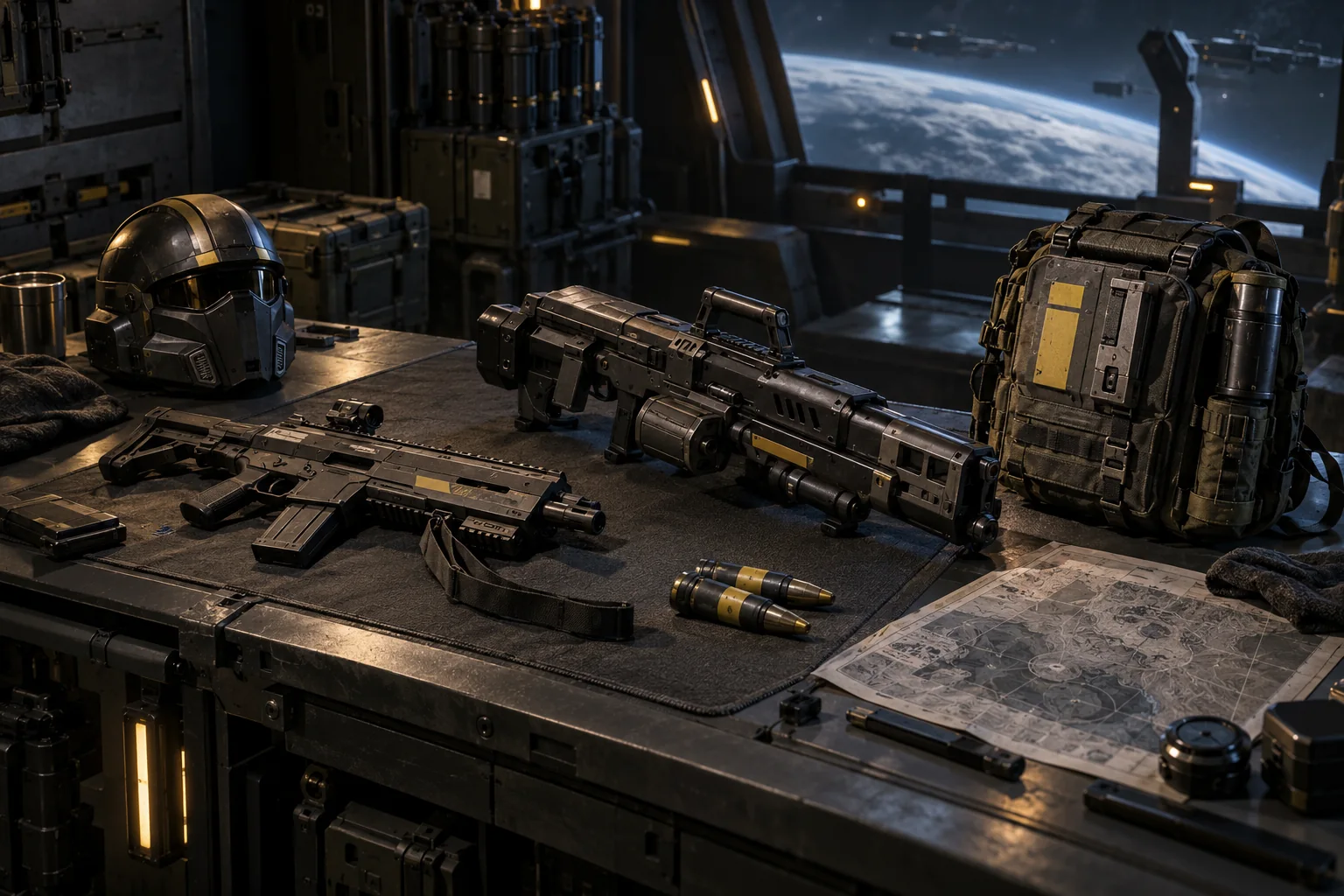 Different equipment options arranged on a spacecraft armory workbench for mission planning.